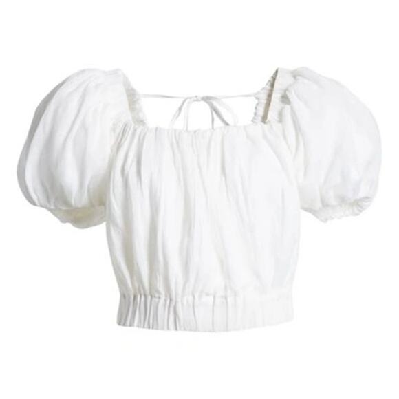 NEW FRAME Ruched Crop Puff Sleeve Blouse Blanc White - Picture 3 of 14